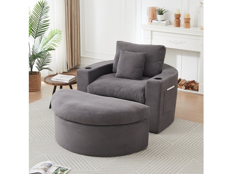  Fauteuil avec pouf 1 place, repose-pieds amovible, porte-gobelets et poches latérales en velours côtelé gris  - Conforama B