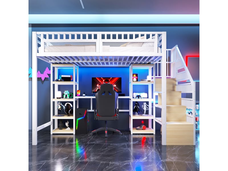  Lit surélevé 140 x 200 cm blanc, structure métallique, échelle avec rangement, bureau, led et usb, sans matelas  - Conforama E
