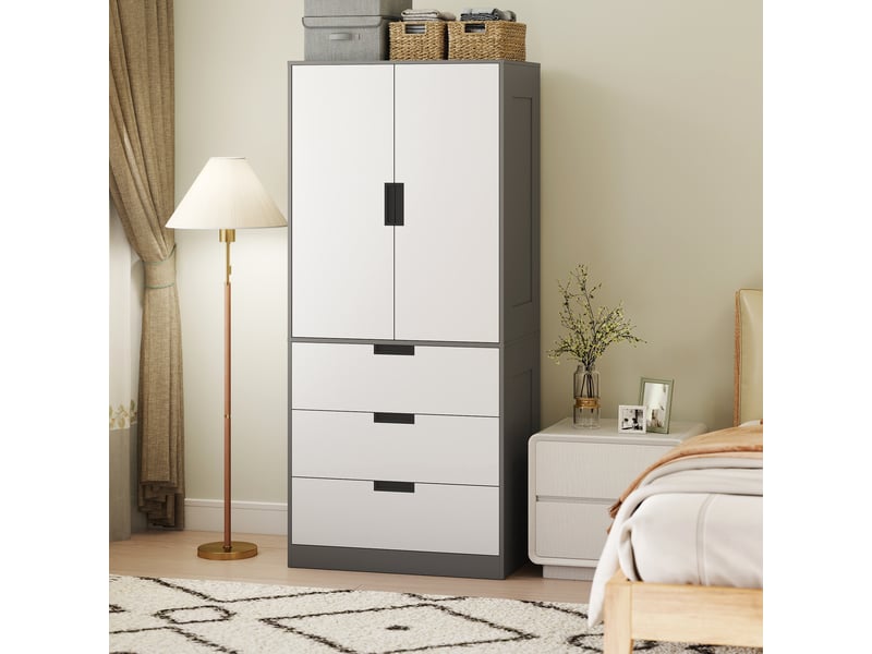  Armoire chambre penderie avec 2 portes à fermeture douce, 3 tiroirs et barre de suspension, 80x50x180cm, gris et blanc  - Conforama A