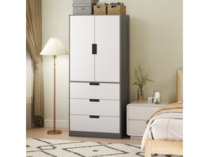 Armoire chambre penderie avec 2 portes à fermeture douce, 3 tiroirs et barre de suspension, 80x50x180cm, gris et blanc