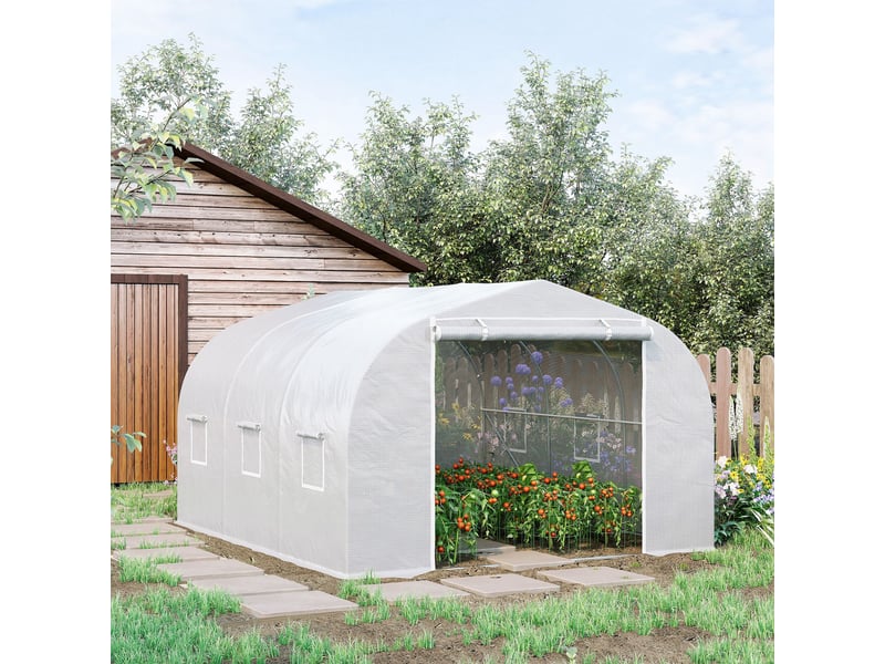  Serre de jardin serre tunnel de jardin dim. 3,5l x 3l x 2h m porte + 6 fenêtres enroulables acier galvanisé bâche pe haute densité blanc  - Conforama C