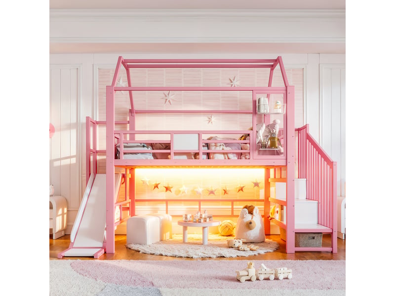 Lit mezzanine 140x200 cm, structure en métal et bois, coloris rose, rangements intégrés, led via bluetooth, escalier sécurisé, garde-corps, toboggan - Conforama E