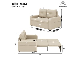 Canapé convertible 2 places beige en tissu effet lin, canapé 3 en 1 avec fonction couchage, ports usb et usb-c, 131 x 81 x 94 cm