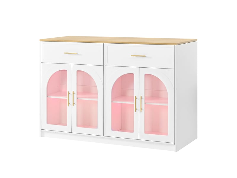 Desserte de cuisine led avec 2 tiroirs et étagères réglables en mdf 135×55×91 cm blanc - Conforama D
