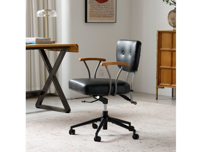  Chaise de bureau en cuir noir avec accoudoirs en chêne, réglable en hauteur, pivotante et à roulettes  - Conforama B