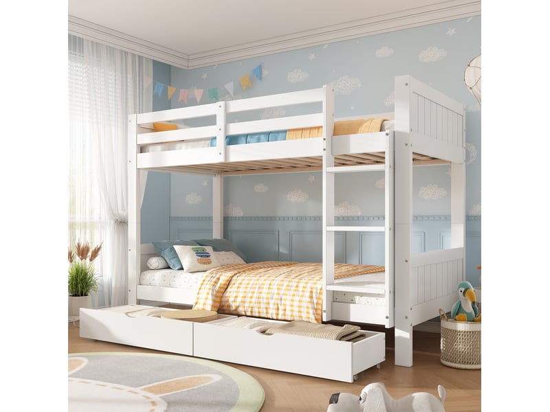  Lit superposé modenvie en bois blanc 90 x 200 cm, convertible en 2 lits simples avec échelle, barrière de sécurité et 2 tiroirs  - Conforama B