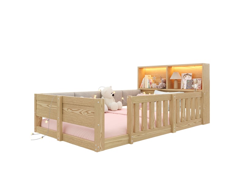  Lit enfant 90 × 200 cm à barrières avec dossier rembourré, rangements et éclairage led, naturel, chambre enfant  - Conforama A