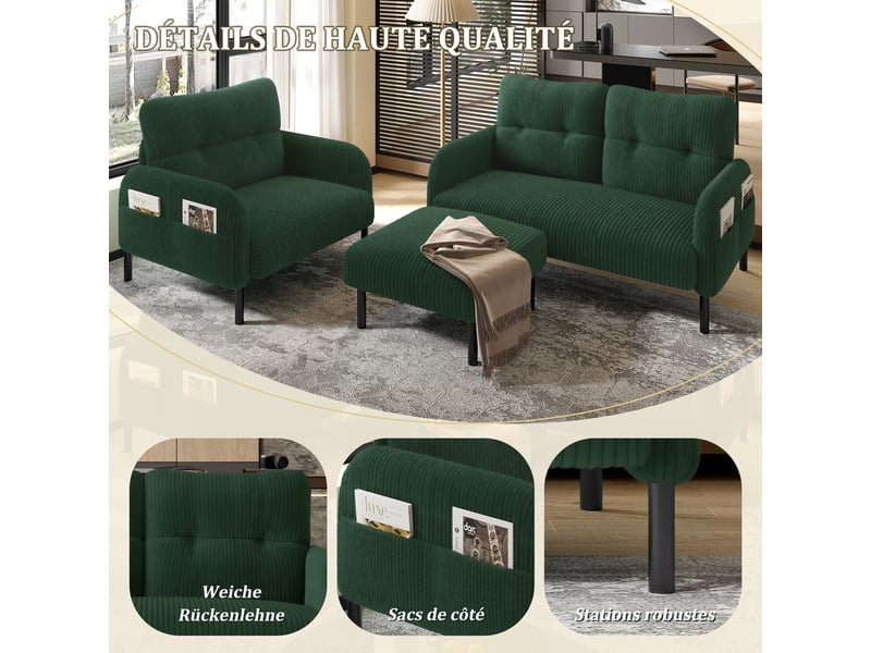  Ensemble salon 3 pièces 120x75x79 cm, 67x75x79 cm et 56x51x39 cm velours côtelé vert émeraude  - Conforama C