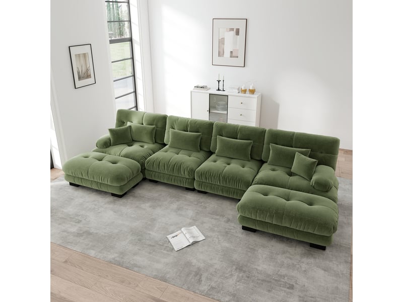  Canapé d'angle modulaire 4 places avec ottoman mobile et coussins, en chenille vert pour salon  - Conforama B