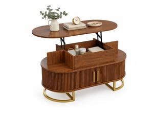 Table basse ovale relevable 100 cm en mdf bois foncé, rangements coulissants et base acier doré vintage