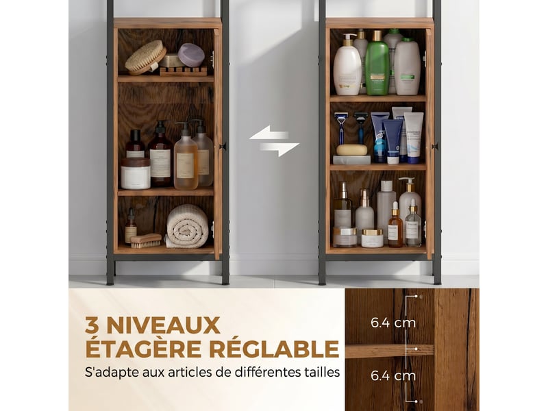  Meuble colonne de salle de bain industriel 3 étagères ouvertes porte à lamelles réglables étagères marron rustique  - Conforama E