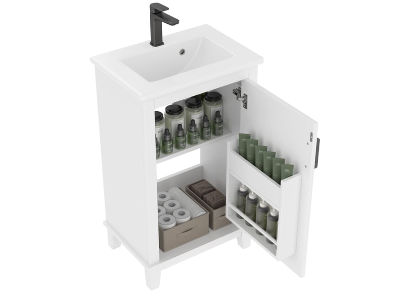  Meuble vasque salle de bain blanc 51 cm avec lavabo céramique intégré et étagères réglables  - Conforama E