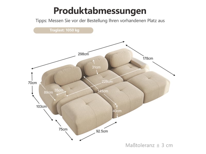 Canapé modulable 3 places avec 3 ottomans velours côtelé beige – livraison sans montage, accoudoirs ultra-larges - Conforama C