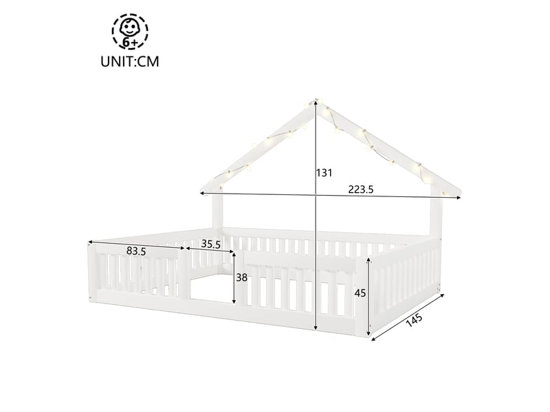  Lit cabane enfant 140 × 200 cm 2 places avec barrières de sécurité et éclairage led, sans matelas, en bois blanc  - Conforama D