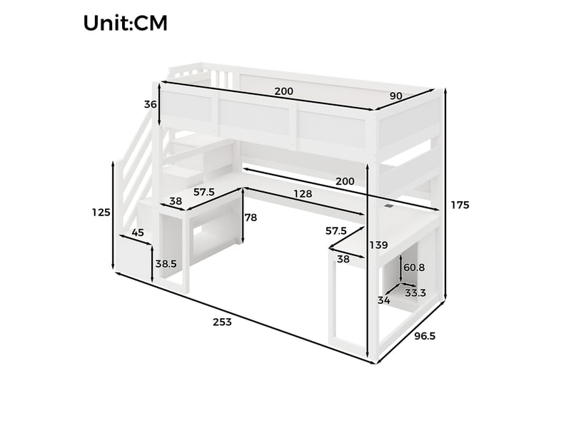  Lit mezzanine modenvie gaming 90 x 200 cm avec bureau, escalier de rangement, led et usb blanc  - Conforama C
