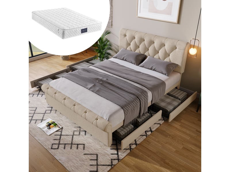 Lit capitonné avec tête de lit réglable, 4 tiroirs, matelas, naturel, 140 x 200 cm - Conforama B