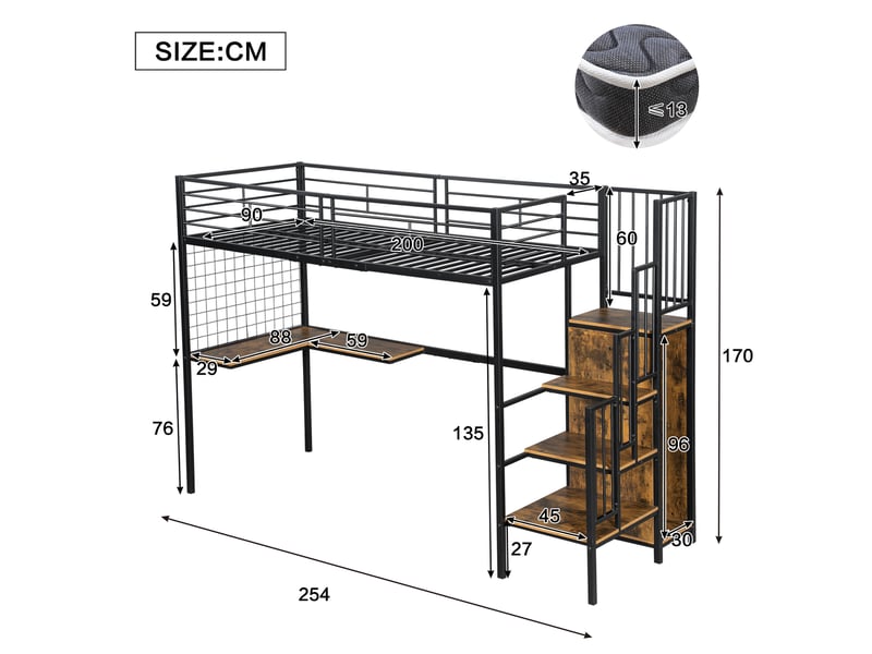  Lit mezzanine 90x200cm coloris noir lit enfant noir - Conforama C