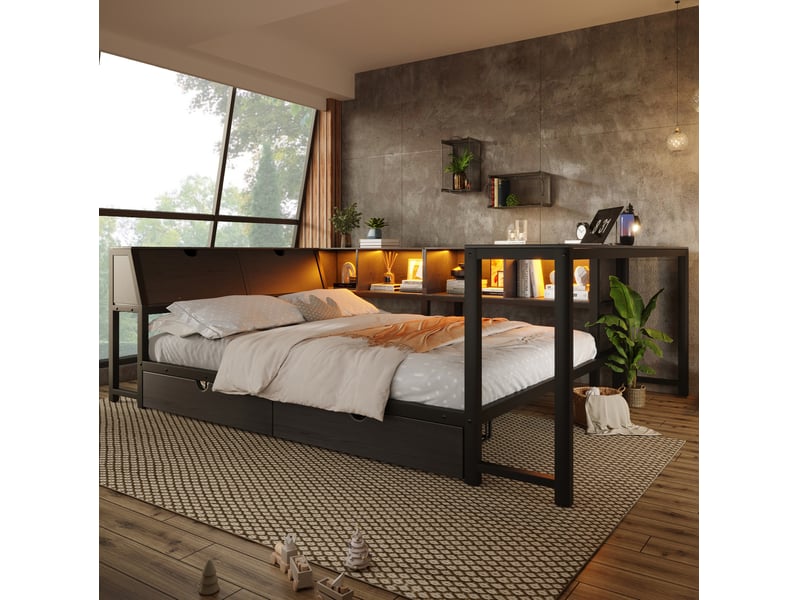 Lit adulte 140x200 cm noir – combiné multifonction avec bureau, rangements et led, style industriel - Conforama D