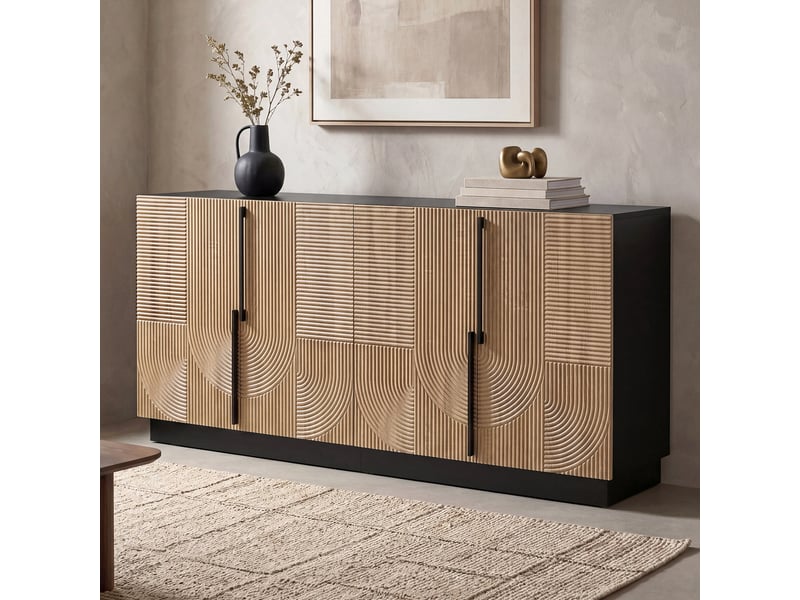  Buffet et enfilade avec 4 portes et 2 étagères fixes, façade relief, poignées en métal, noir et naturel  - Conforama C