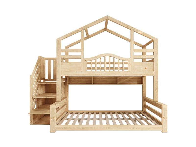 Lit superposé enfant 90140x200 cm- lit cabane - toit à pignon - escalier placard - 3 étagères - garde-corps - bois naturel - Conforama A