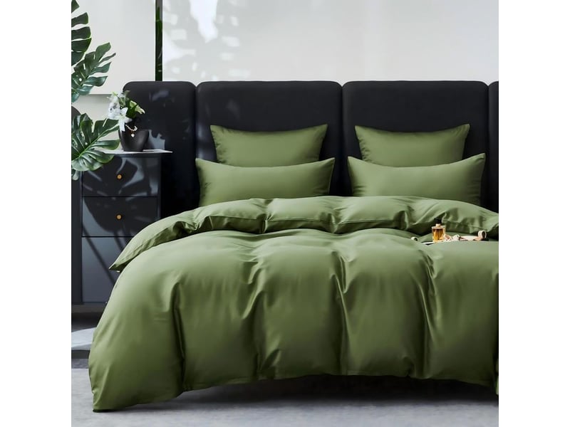  3 pièces housse de couette,  coton satin, 240x260 cm, taies d'oreiller 65x65 cm, fermeture éclair, vert olive, chambre 2 personnes  - Conforama A