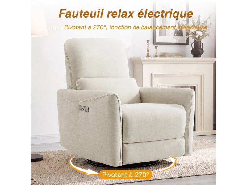  Fauteuil relax électrique pivotant 270° – usbtype-c, en tissu,dossier 135°, charge 159 kg-beige  - Conforama E