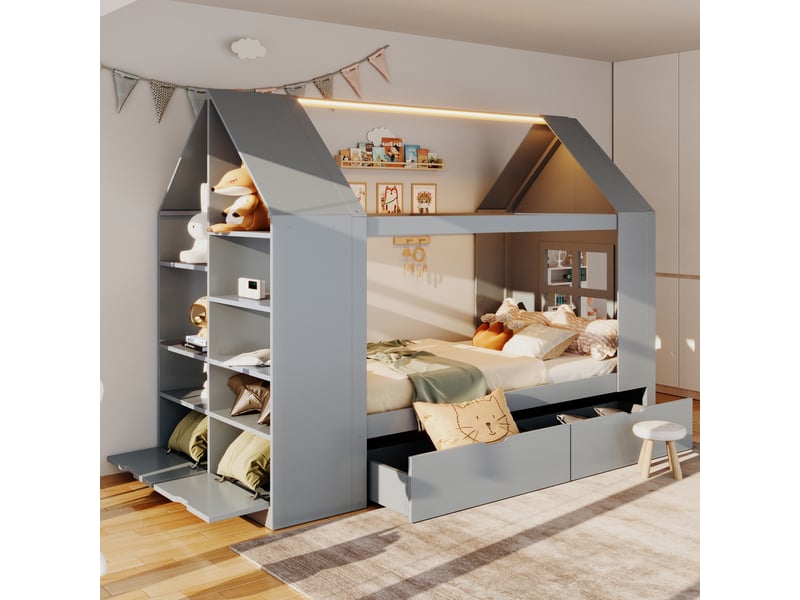  Lit cabane 90x200 cm, lit enfant, 2 tiroirs, led, bois gris, forme maison  - Conforama W
