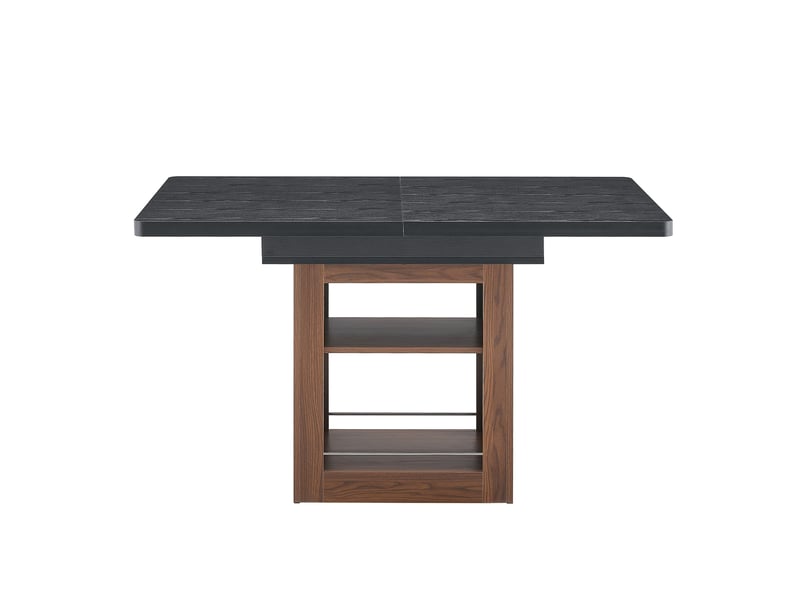 Table à manger extensible noire avec rangement, finition effet bois et piètement couleur noyer, 130-160 cm - Conforama A