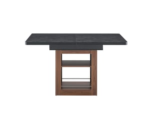 Table à manger extensible noire avec rangement, finition effet bois et piètement couleur noyer, 130-160 cm