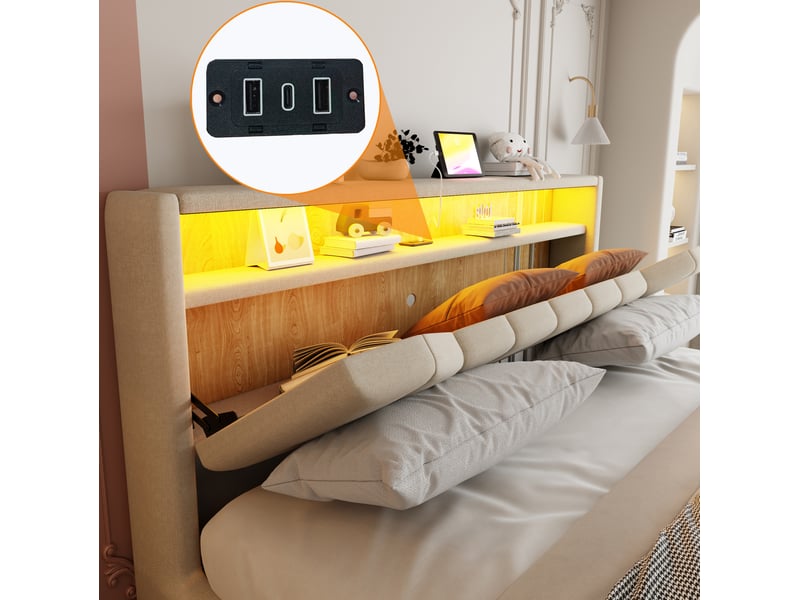  Lit coffre 180 × 200 cm 2 places avec rangement, led, usb et usb-c, sans matelas, tissu beige  - Conforama E