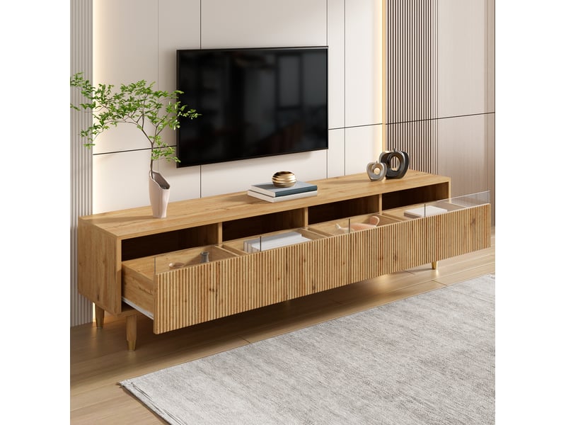  Meuble tv moderne 178 cm en mdf décor bois – 4 tiroirs, rangement et passe-câbles  - Conforama B