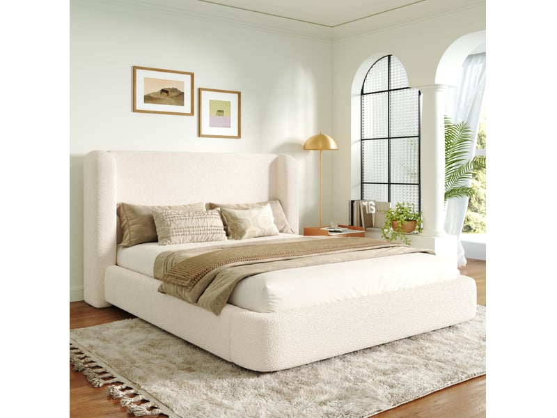 Lit coffre 140x190 cm bouclé beige avec sommier à lattes et ouverture hydraulique - Conforama E