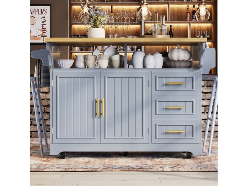 Îlot de cuisine mobile bleu en mdf 120 x 40 x 95 cm, plateau rabattable et 3 tiroirs, style vintage pratique - Conforama E