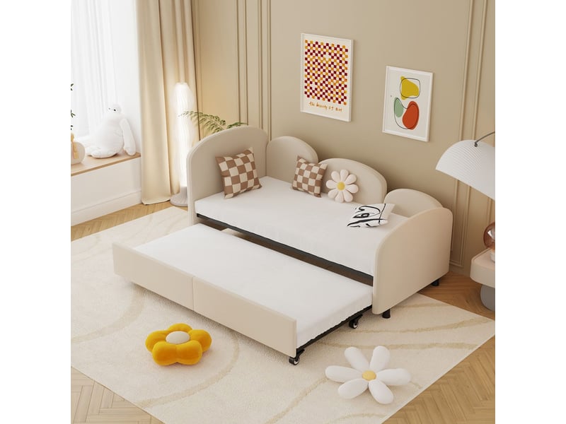  Lit enfant 90x200, structure bois massif lit cabane enfant, design fleur unique, tiroirs rangement intégré, rembourrage velours doux  - Conforama B