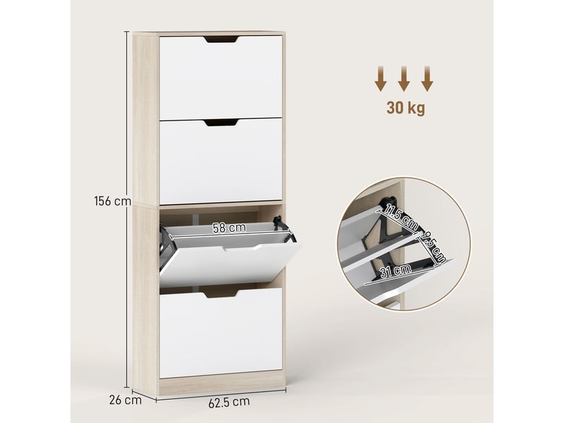  Meuble à chaussures gain de place avec 4 tiroirs pour 20 paires, dimensions 62.5 x 26 x 156 cm, finition bois et blanc  - Conforama C
