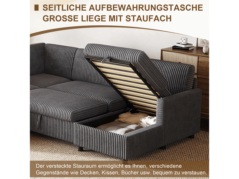  Canapé panoramique gris en velours côtelé, 220 × 274 × 85 cm, avec couchage et rangement, pour salon  - Conforama D
