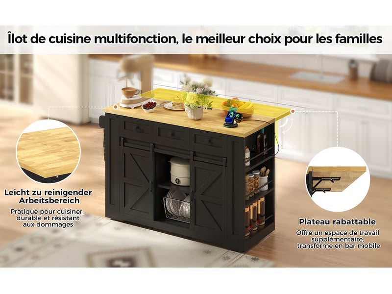  Îlot de cuisine mobile noir et bois naturel en mdf, plateau rabattable, prise intégrée, roulettes, 130 × 50 (80) × 87 cm  - Conforama E