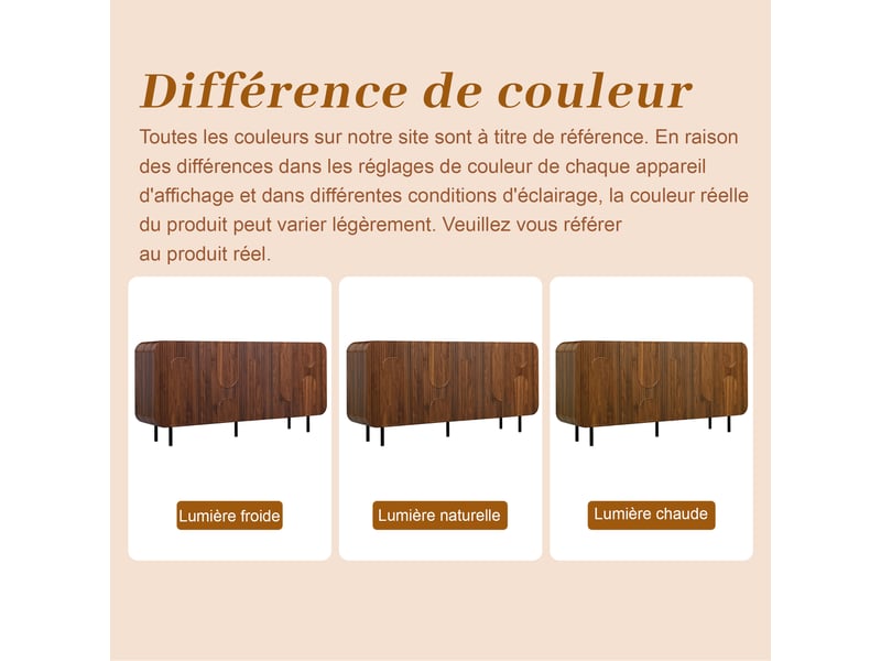  Buffet de rangement 160x40x79 cm, 4 portes, 8 compartiments, étagères réglables, façades en relief, pieds métal pour salon - noyer  - Conforama E