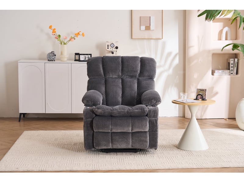  Fauteuil massant électrique avec double moteur, aide au relevage, chauffage et porte-gobelet, en tissu gris  - Conforama C