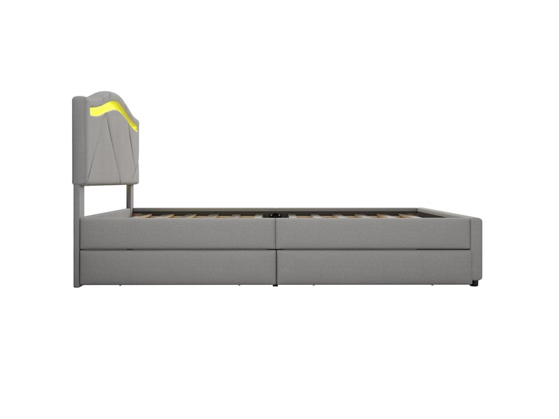  Lit avec tiroirs simple 90x200 cm en lin gris avec 2 tiroirs, led et tête réglable, sans matelas  - Conforama E