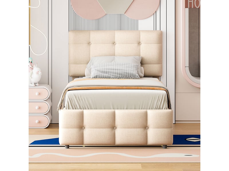  Lit enfant rembourré 90 x 200 cm avec couchage gigogne - tête réglable, tissu lin beige  - Conforama W