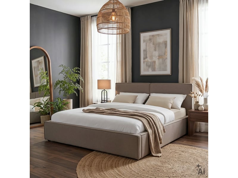  Lit double calm rembourré 160 x 200 cm avec tête de lit en tissu et sommier - beige  - Conforama B
