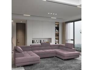 Canapé d'angle panoramique convertible <strong>MASSENO</strong> <strong></strong> 6 places Velours violet avec coffre de rangement