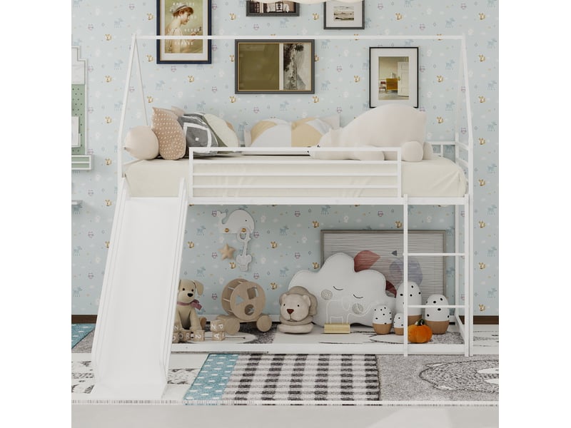  Lit superposé 90x190cm maison avec toboggan, garde-corps hauts, structure en fer stable, 1 sommier, blanc, sans matelas  - Conforama D