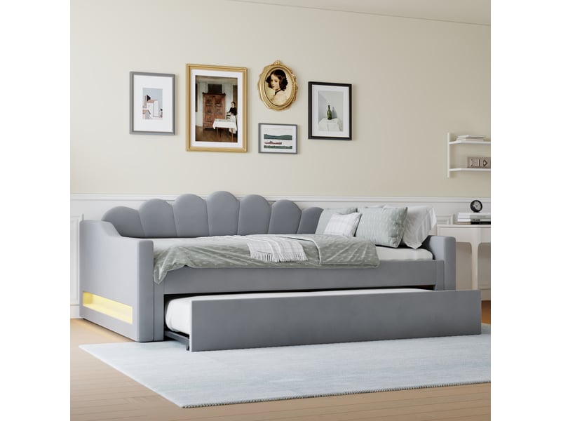  Lit d'appoint 140x200 cm rembourré, éclairage led, couchage gigogne, coloris gris, structure stable en bois  - Conforama D