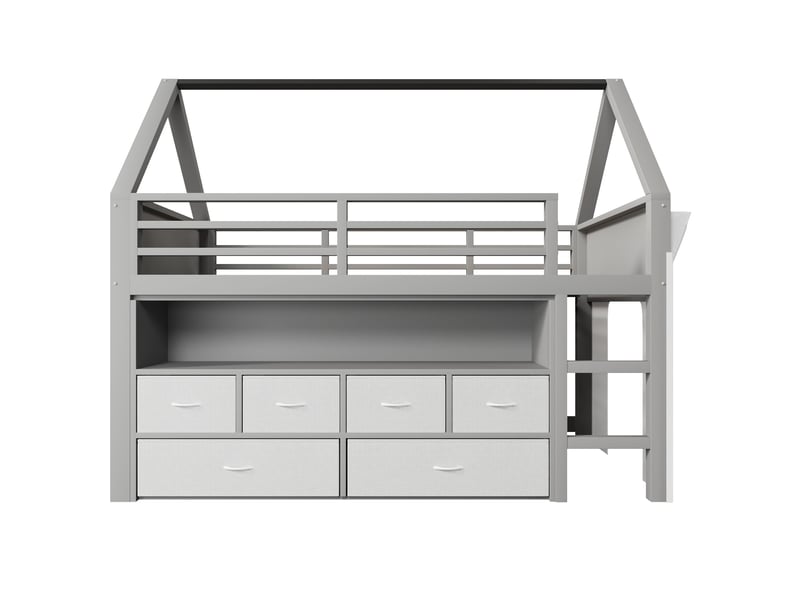  Lit mezzanine, 90 x 200 cm, avec guirlande lumineuse led, 6 tiroirs en tissu, rideau latéral en tissu et pochette de rangement, gris  - Conforama A