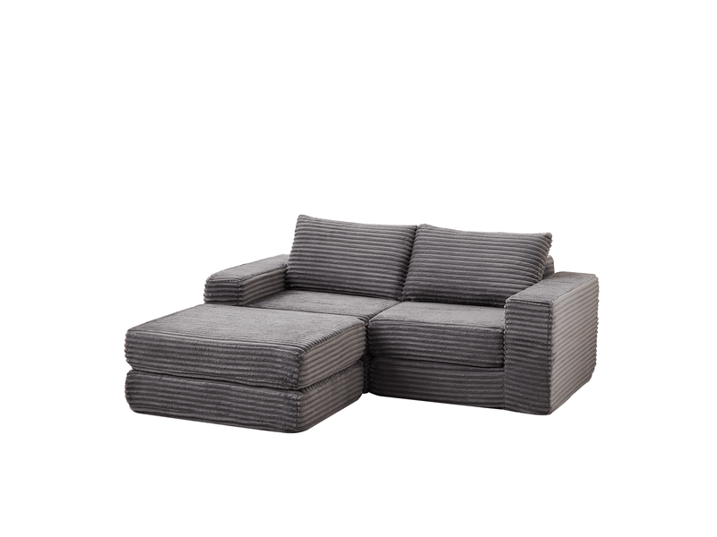  Canapé droit convertible 2 places en velours côtelé gris, modules libres et repose-pieds amovibles pour le salon  - Conforama A