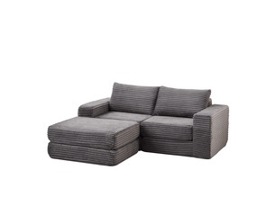 Canapé droit convertible 2 places en velours côtelé gris, modules libres et repose-pieds amovibles pour le salon
