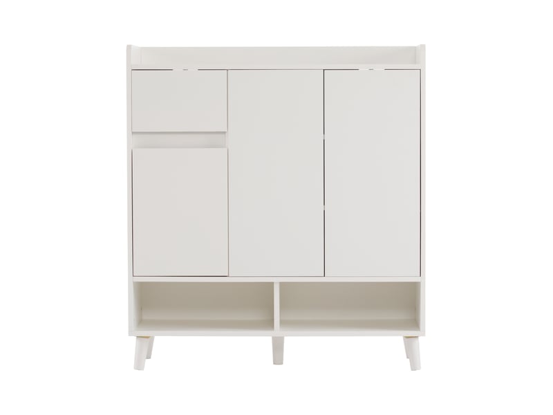  Meuble à chaussures 90x35x99 cm avec portes, niches ouvertes, étagères réglables et pieds en bois, rangement entrée - Blanc Fay Lum - Conforama E