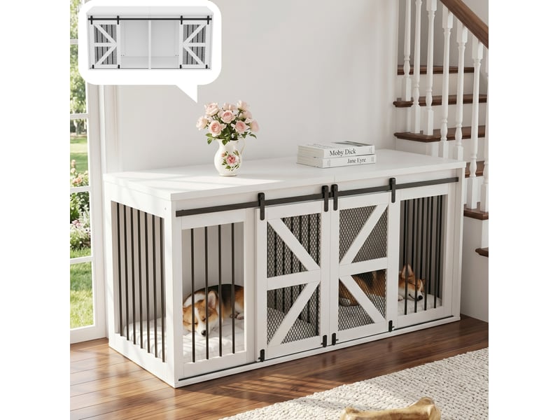  Cage d’intérieur pour deux animaux de compagnie, portes coulissantes, mdf et métal, blanc, 160 x 60 x 75 cm  - Conforama B
